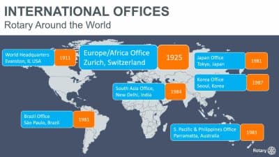 A map of the international offices of rotary around the world