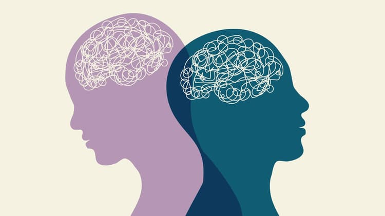 Two silhouettes of people's heads with a brain in the middle