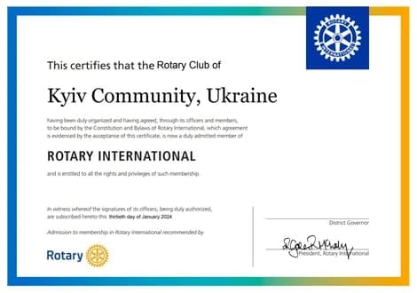 A certificate for rotary international