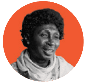 A black and white photo of a person with an orange circle